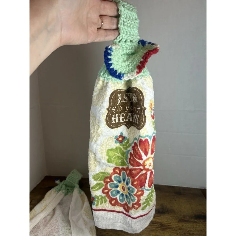 Set (2) Listen To Your Heart Floral Hanging Kitchen Towels Crochet Top Boho Home